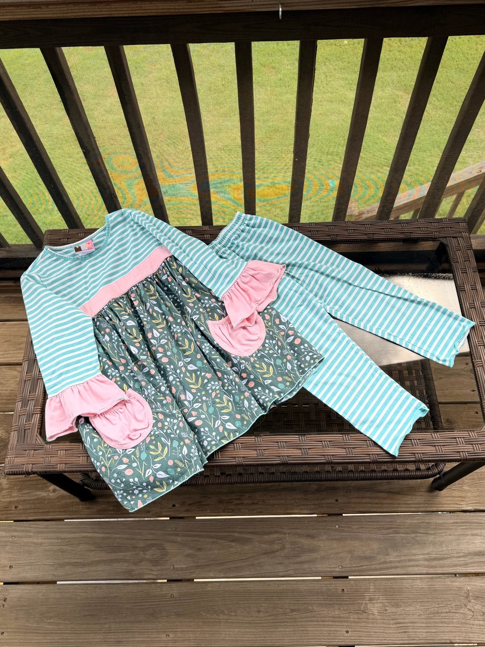 Banana Split Girls Mint Stripe & Floral Tunic with Pink Ruffle Size 6